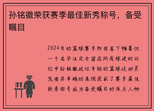 孙铭徽荣获赛季最佳新秀称号，备受瞩目